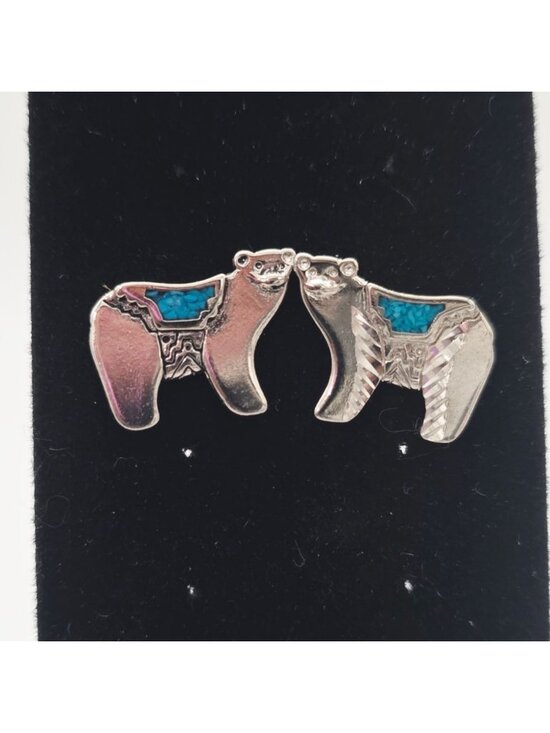 Handmade Jewelry - Silver Tone Bear Shaped Earrings With Turquoise Inlay Native American Style 1"